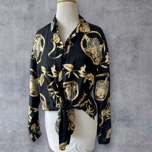 Vtg 90s Stunt Leopard Floral 100% Silk Button Down Shirt Sz M Baroque Mobwife